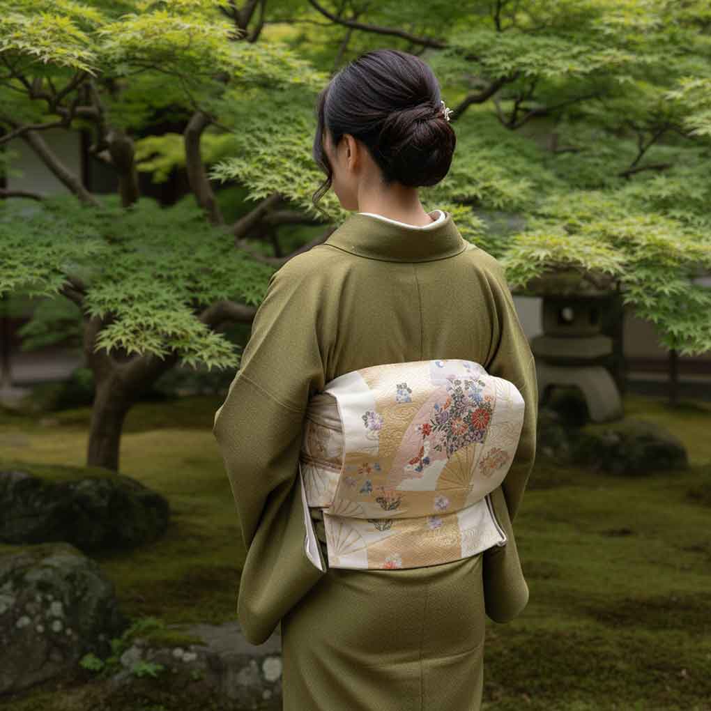 袋帯 リサイクル帯 幅31cm 長さ450cm レディース 扇面 秋冬春用 正絹（シルク）グレー 美品 リメイク リユース【ランクA】