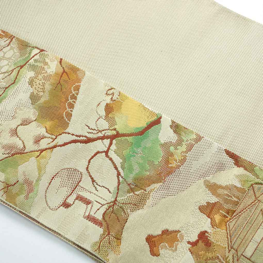 名古屋帯 リサイクル帯 幅30cm 長さ352cm レディース 風景画 秋冬春用 正絹(シルク)グレー 美品 リメイク リユース【ランクA】