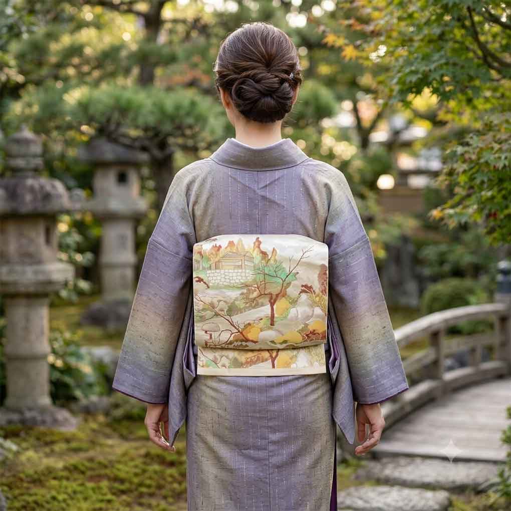 名古屋帯 リサイクル帯 幅30cm 長さ352cm レディース 風景画 秋冬春用 正絹(シルク)グレー 美品 リメイク リユース【ランクA】