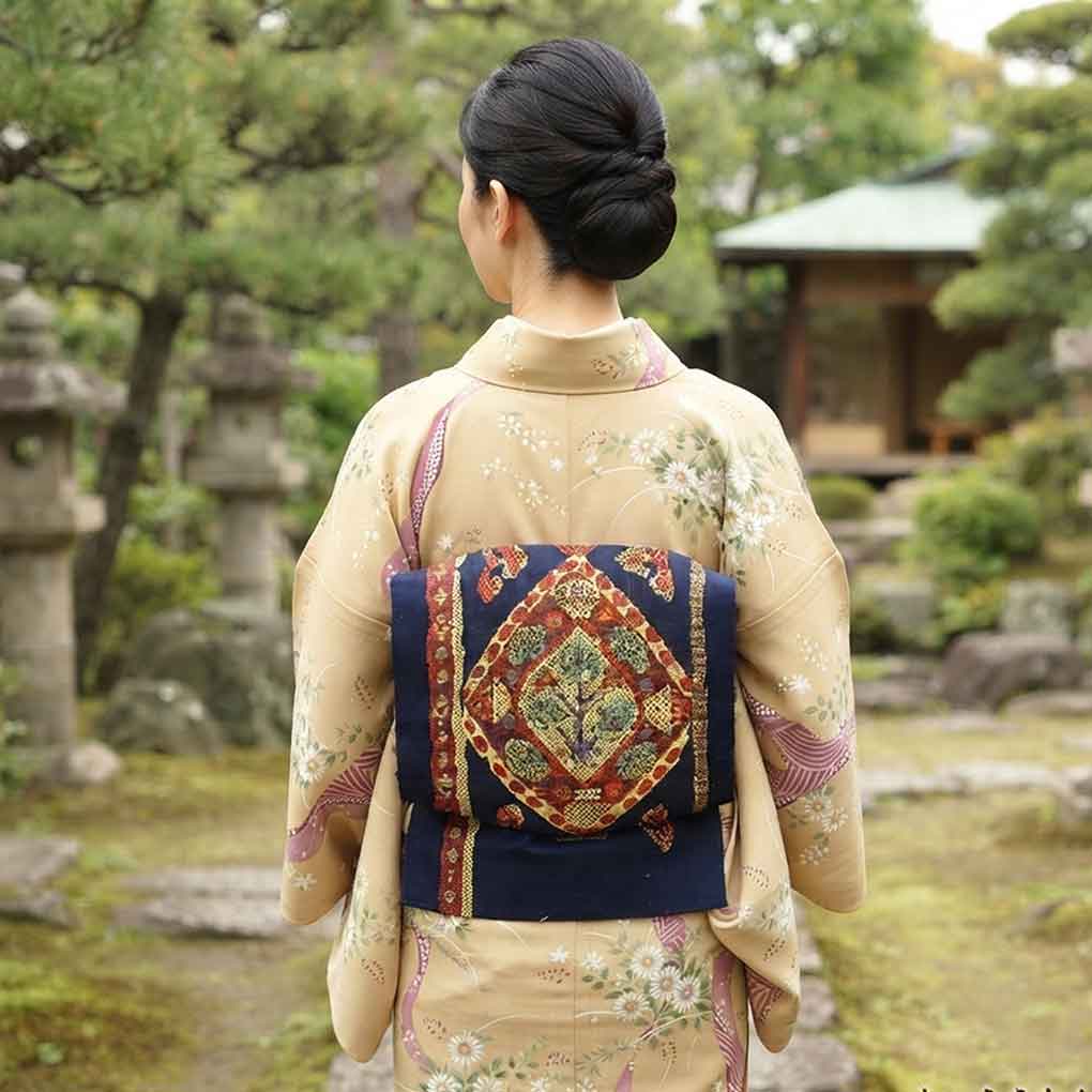 名古屋帯 リサイクル帯 幅30cm 長さ351cm レディース 抽象柄 秋冬春用 正絹（シルク）ネイビー 美品 リメイク リユース【ランクA】