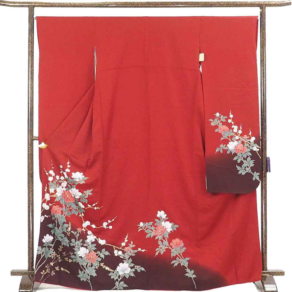 リサイクル 振袖 着物 身丈169cm 裄67cm 前幅24.5cm 後幅30.5cm 袖丈110cm 袖幅34.5cm レディース 袷 花柄 裄長 裄Lサイズ 秋冬春用 正絹（シルク）赤地 トールサイズ 美品 リサイクル リメイク リユース【ランクA】