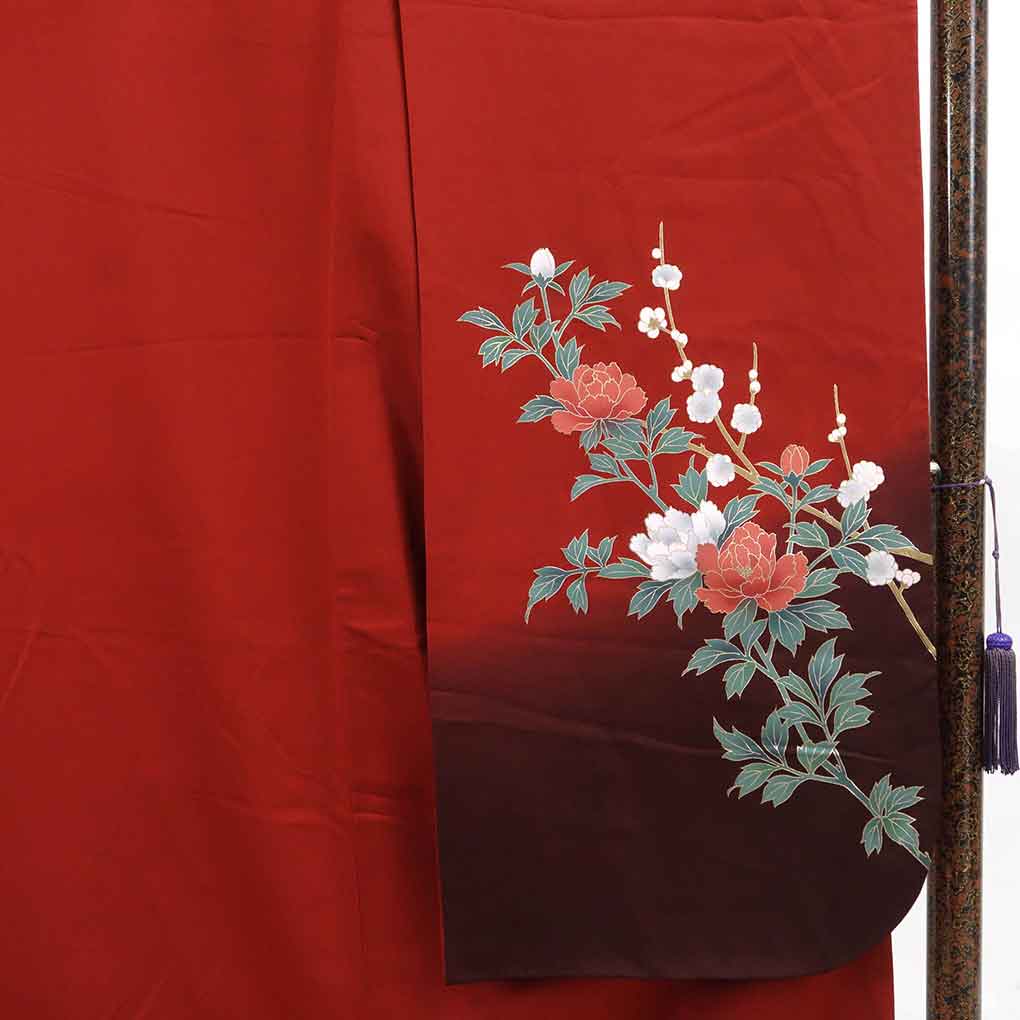 リサイクル 振袖 着物 身丈169cm 裄67cm 前幅24.5cm 後幅30.5cm 袖丈110cm 袖幅34.5cm レディース 袷 花柄 裄長 裄Lサイズ 秋冬春用 正絹（シルク）赤地 トールサイズ 美品 リサイクル リメイク リユース【ランクA】