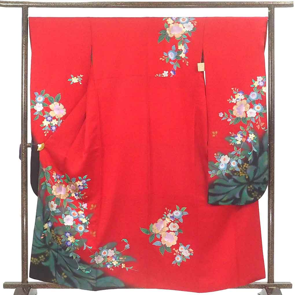 振袖 リサイクル着物 身丈160cm 裄67cm 前幅24cm 後幅30cm 袖丈109cm 袖幅35cm レディース 袷 花柄 裄長 裄Lサイズ 秋冬春用 正絹(シルク)レッド 美品 リメイク リユース【ランクA】