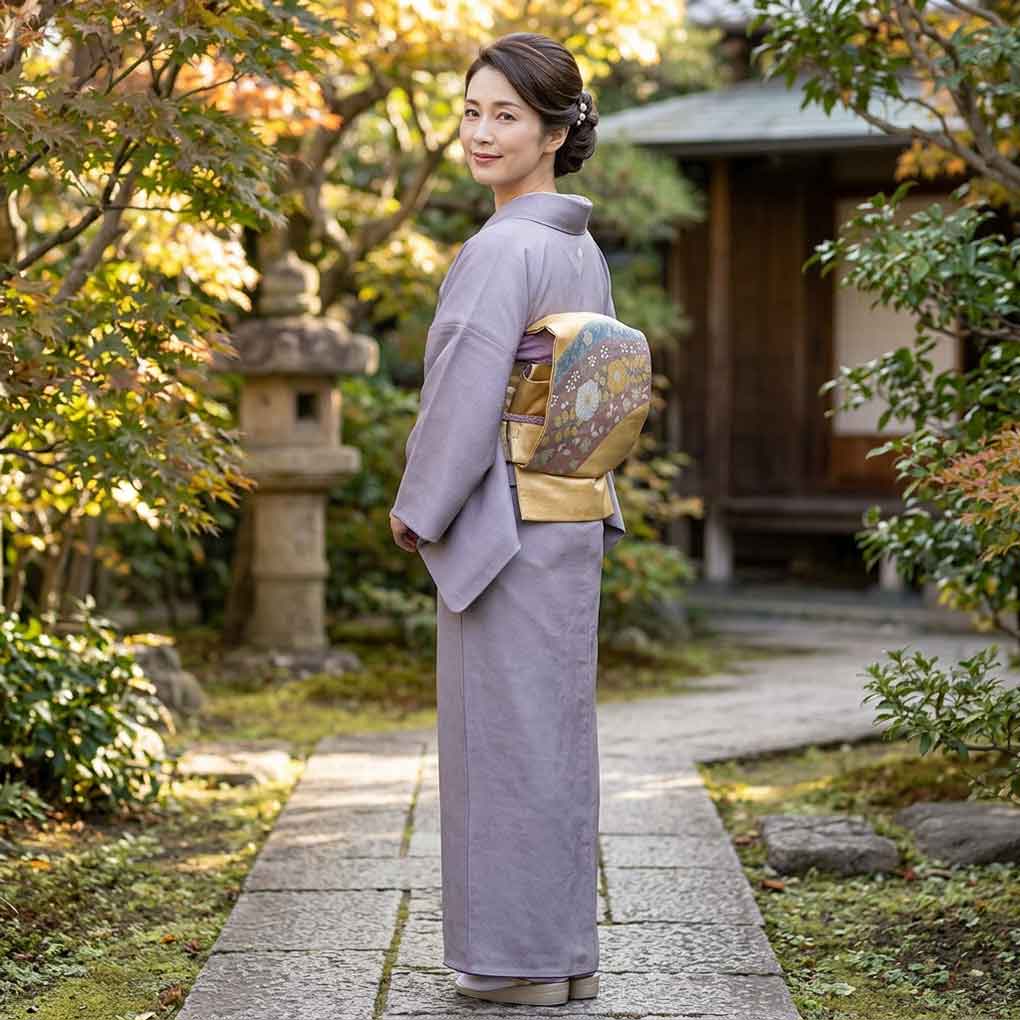 小紋 リサイクル着物 身丈162cm 裄64cm 前幅25cm 後幅30.5cm 袖丈51cm 袖幅32cm レディース 袷 鮫小紋 裄Mサイズ 秋冬春用 正絹（シルク）パープル やや難 リメイク リユース【ランクB】