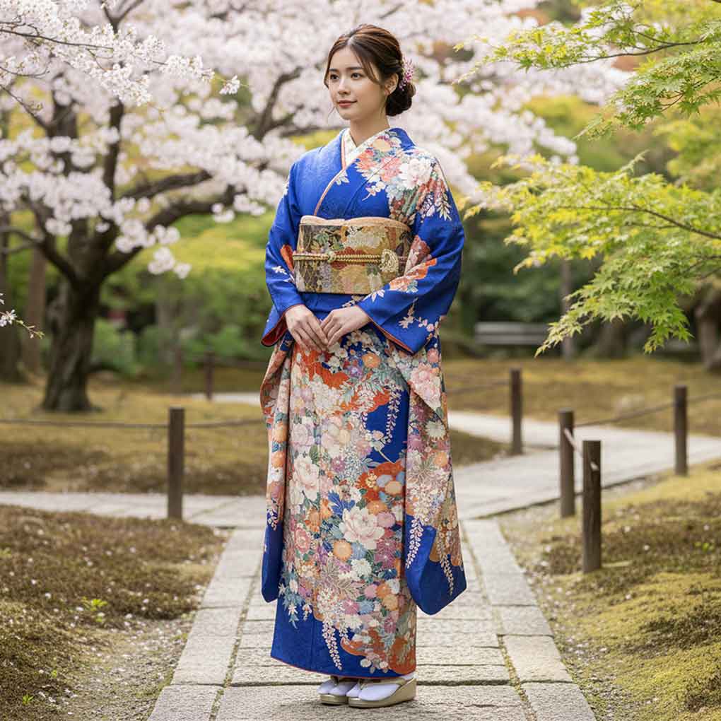 振袖 リサイクル着物 身丈155cm 裄64cm 前幅24cm 後幅30.5cm 袖丈101cm 袖幅32cm レディース 袷 花柄 裄Mサイズ 秋冬春用 正絹（シルク）ネイビー やや難 リメイク リユース【ランクB】