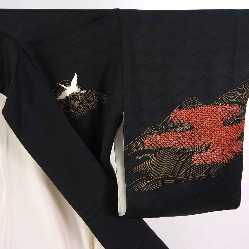 訪問着 リサイクル着物 身丈156cm 裄64cm 前幅23.5cm 後幅30cm 袖丈49cm 袖幅32.5cm レディース 袷 鶴 裄Mサイズ 秋冬春用 正絹（シルク）ブラック 美品 リメイク リユース【ランクA】