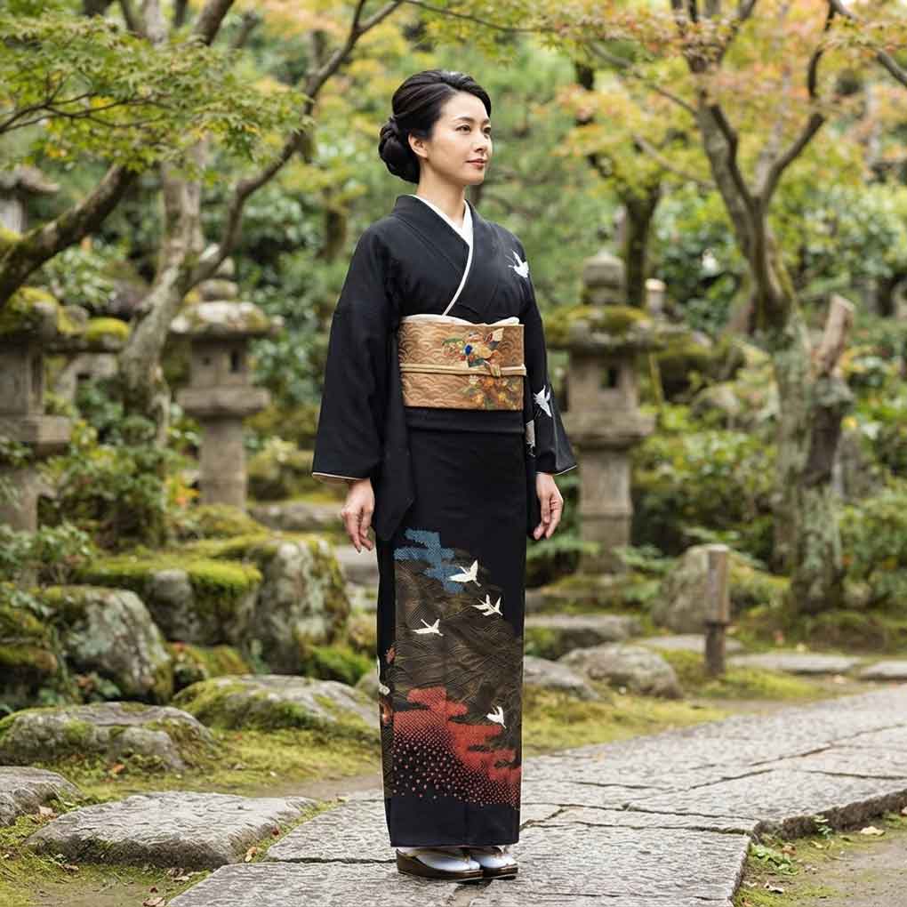 訪問着 リサイクル着物 身丈156cm 裄64cm 前幅23.5cm 後幅30cm 袖丈49cm 袖幅32.5cm レディース 袷 鶴 裄Mサイズ 秋冬春用 正絹（シルク）ブラック 美品 リメイク リユース【ランクA】