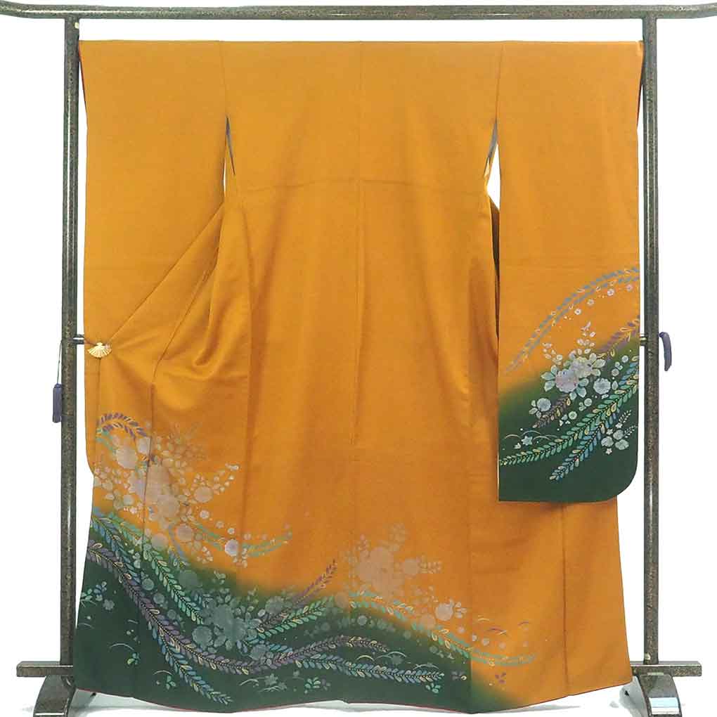 振袖 リサイクル着物 身丈167cm 裄69cm 前幅25cm 後幅31cm 袖丈114cm 袖幅34cm レディース 袷 藤 裄長 裄L-LLサイズ 秋冬春用 正絹(シルク)ブラウン トールサイズ 美品 リメイク リユース【ランクA】