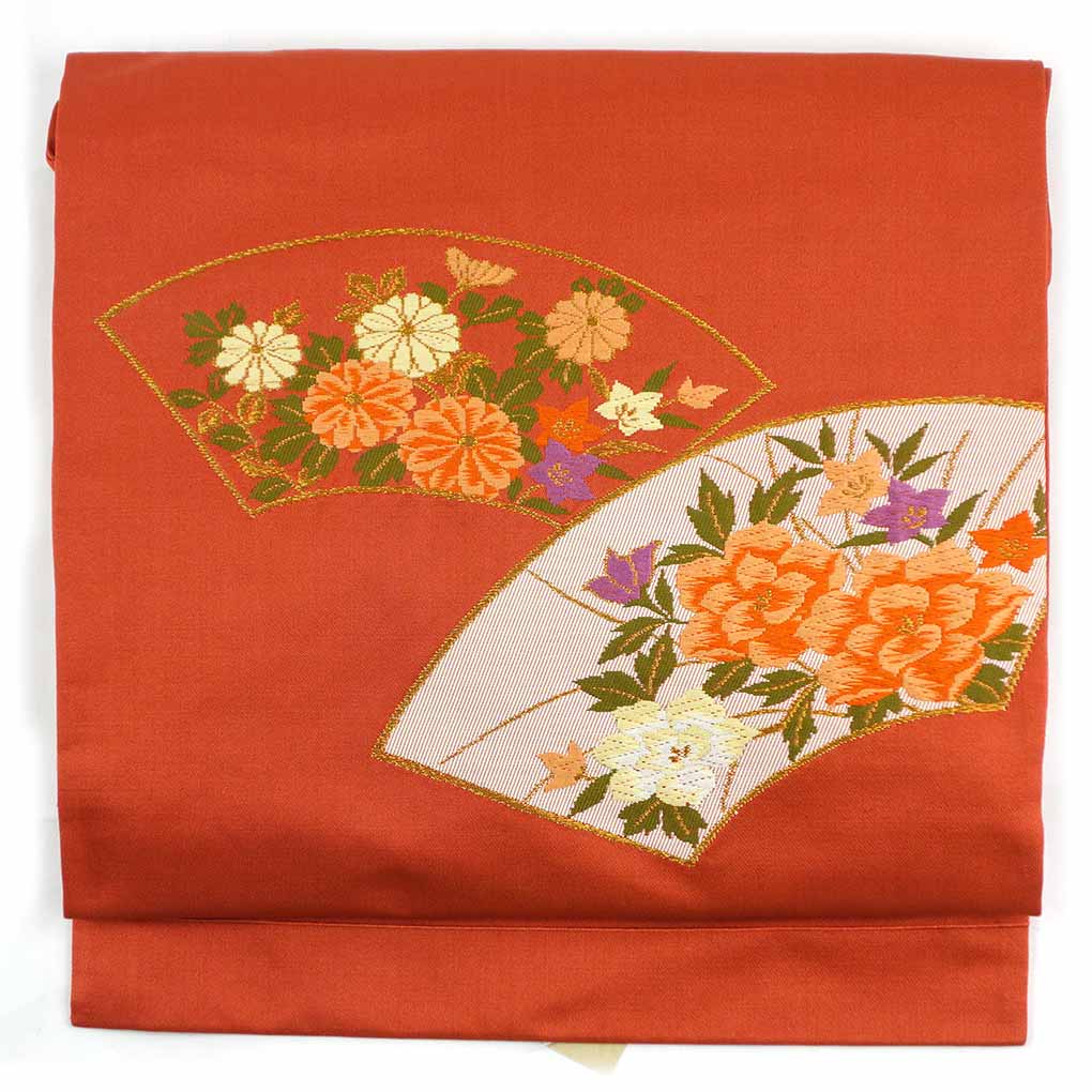 名古屋帯 リサイクル帯 幅30cm 長さ350cm レディース 扇面 秋冬春用 正絹（シルク）レッド 美品 リメイク リユース【ランクA】