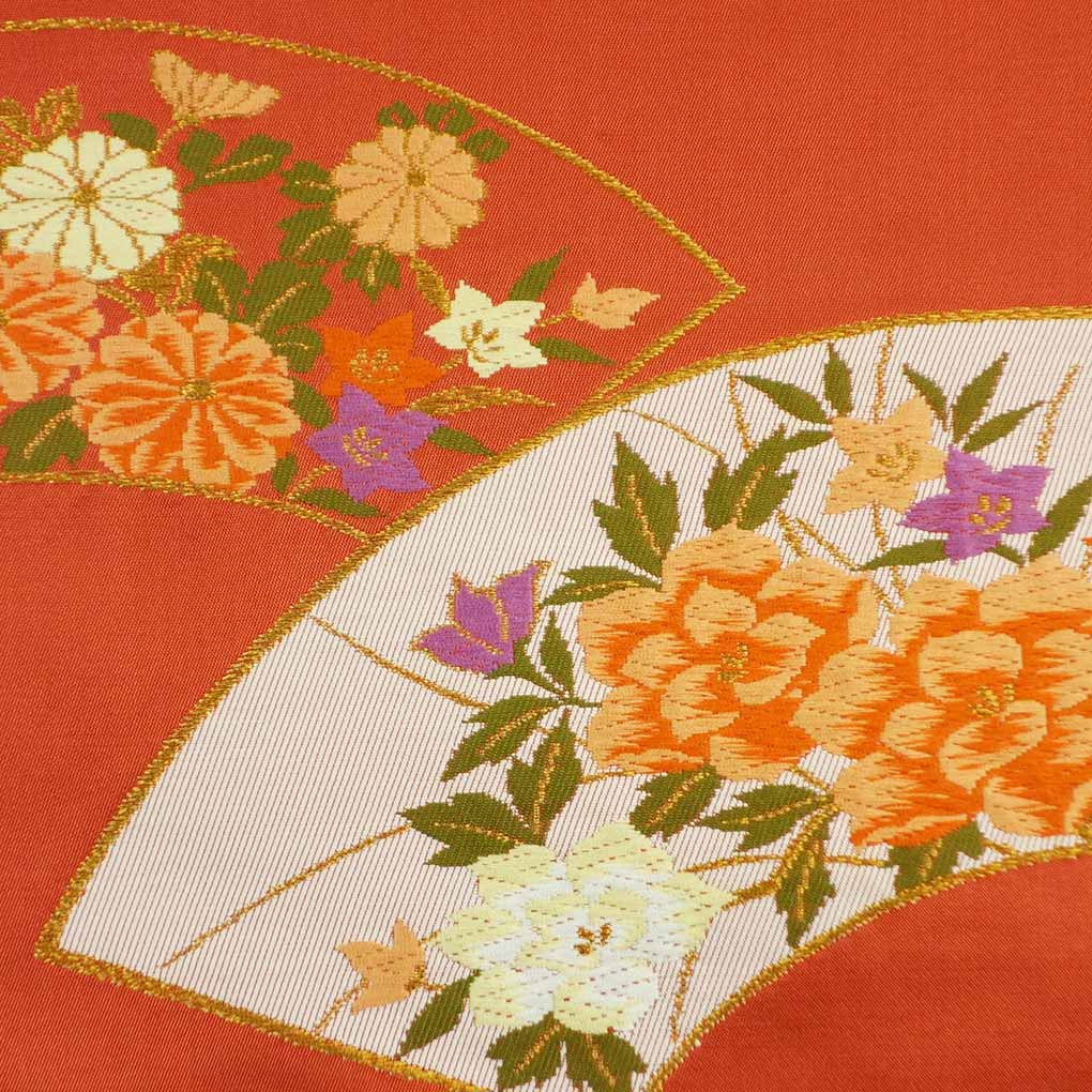 名古屋帯 リサイクル帯 幅30cm 長さ350cm レディース 扇面 秋冬春用 正絹（シルク）レッド 美品 リメイク リユース【ランクA】