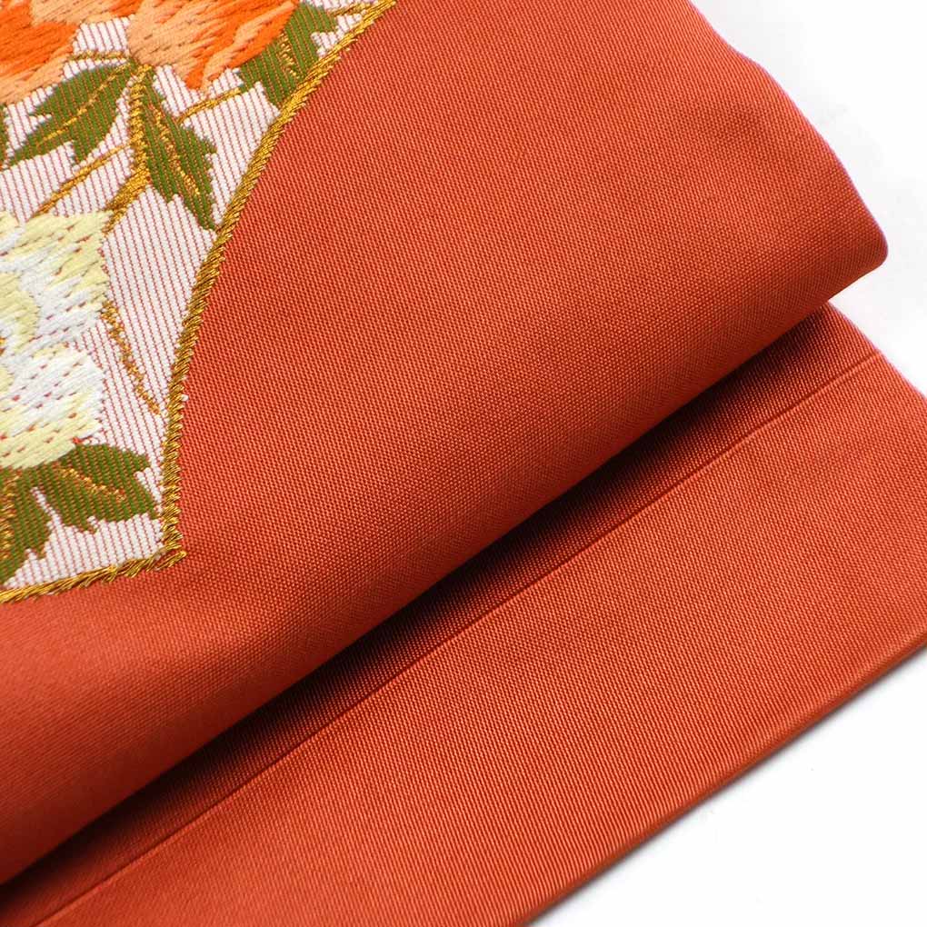 名古屋帯 リサイクル帯 幅30cm 長さ350cm レディース 扇面 秋冬春用 正絹（シルク）レッド 美品 リメイク リユース【ランクA】