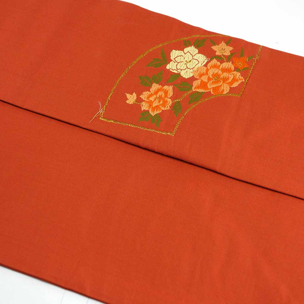 名古屋帯 リサイクル帯 幅30cm 長さ350cm レディース 扇面 秋冬春用 正絹（シルク）レッド 美品 リメイク リユース【ランクA】