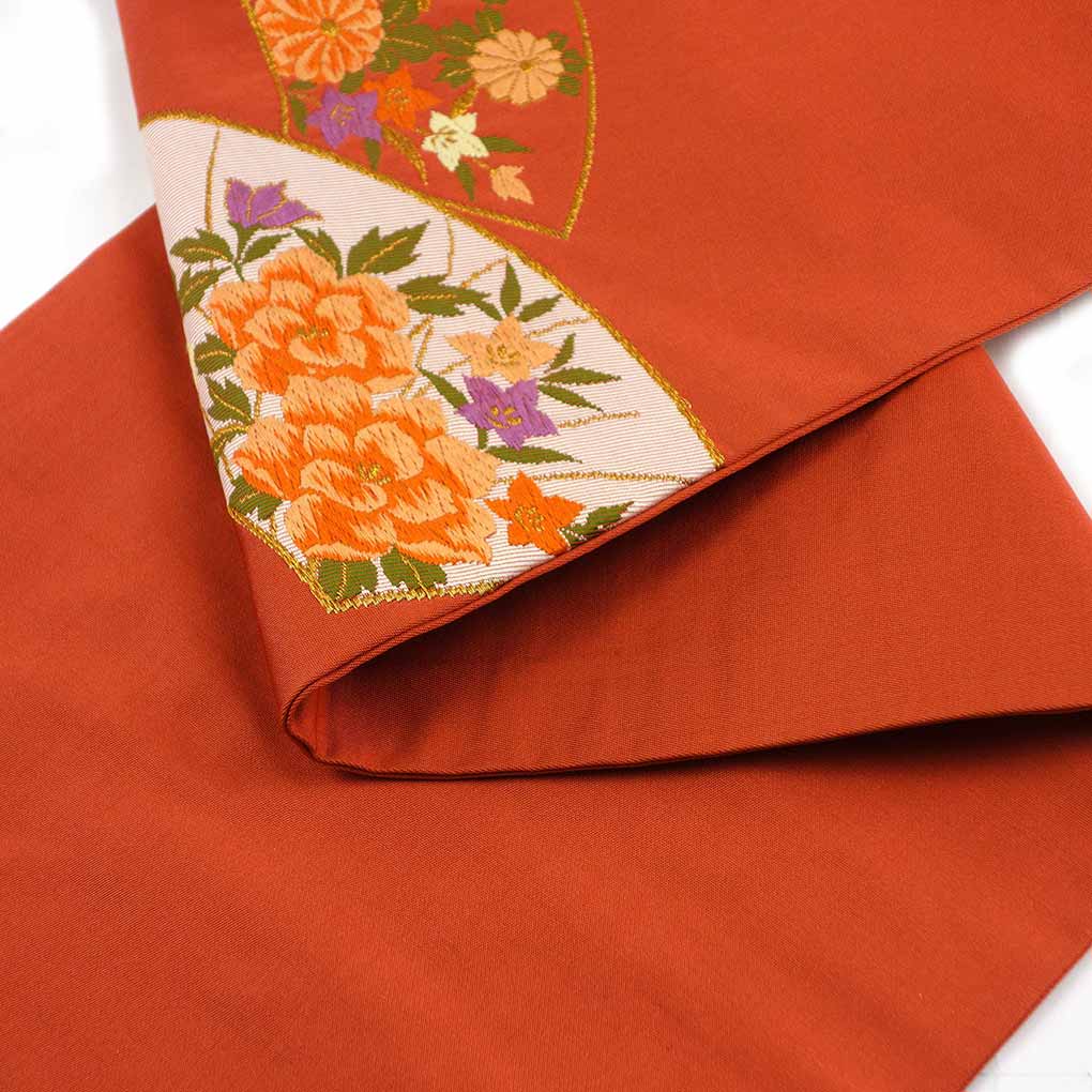 名古屋帯 リサイクル帯 幅30cm 長さ350cm レディース 扇面 秋冬春用 正絹（シルク）レッド 美品 リメイク リユース【ランクA】