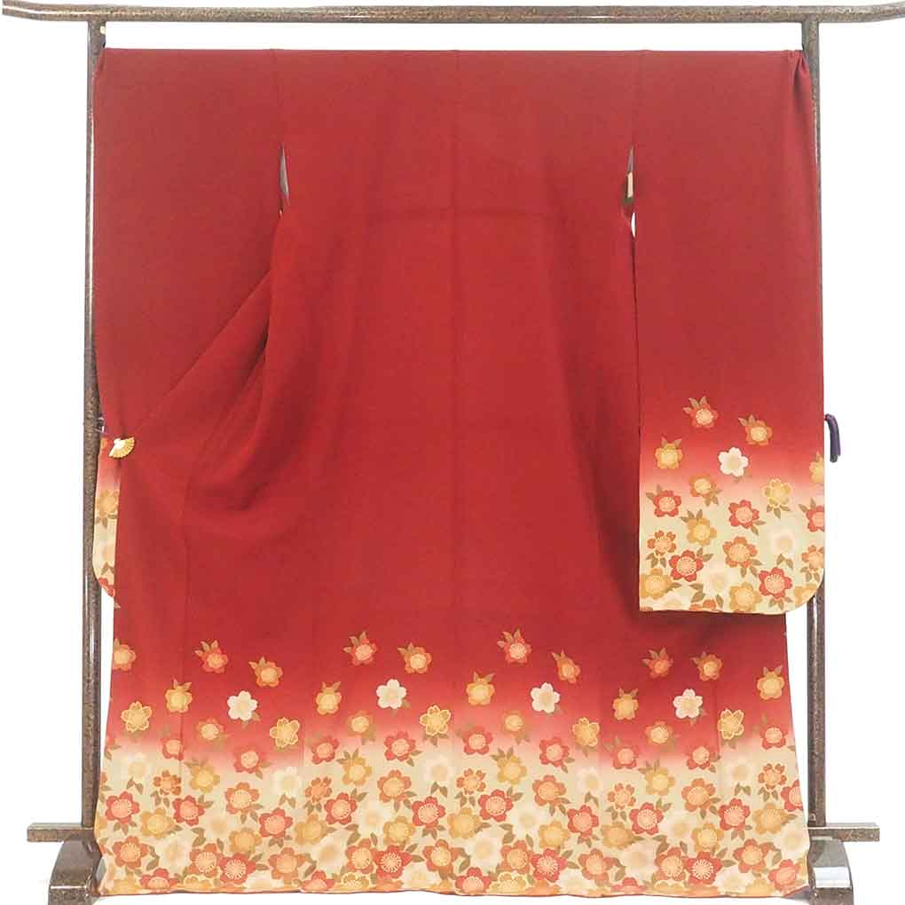 振袖 リサイクル着物 身丈176cm 裄73cm 前幅25cm 後幅30cm 袖丈113cm 袖幅36cm レディース 袷 桜 裄長 裄LLサイズ 秋冬春用 正絹（シルク）レッド トールサイズ 美品 リメイク リユース【ランクA】