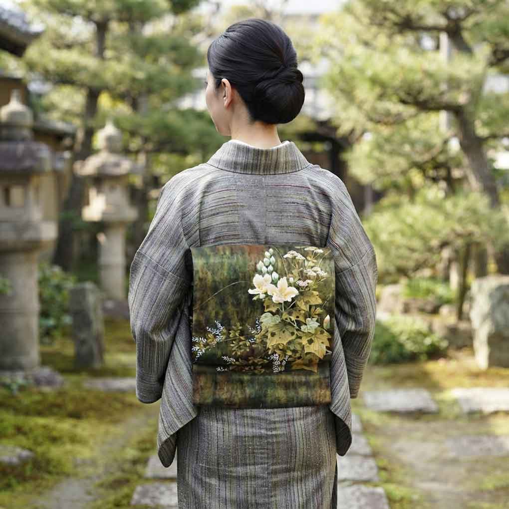 名古屋帯 リサイクル帯 幅31cm 長さ358cm レディース 花柄 秋冬春用 正絹（シルク）ブラック 美品 作家もの リメイク リユース【ランクA】