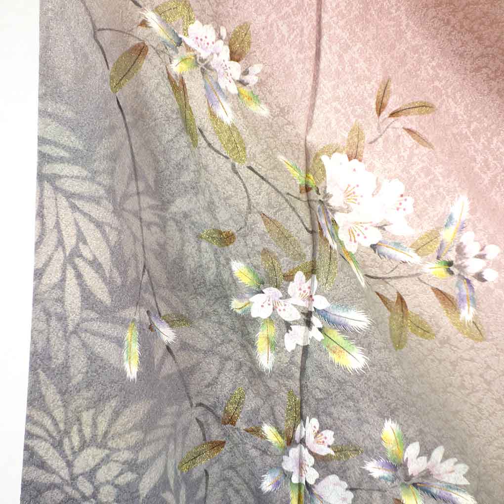 訪問着 リサイクル着物 身丈157cm 裄65cm 前幅23cm 後幅30cm 袖丈49cm 袖幅33cm レディース 袷 花柄 裄Mサイズ 秋冬春用 正絹（シルク）ピンク やや難 作家もの リメイク リユース【ランクB】
