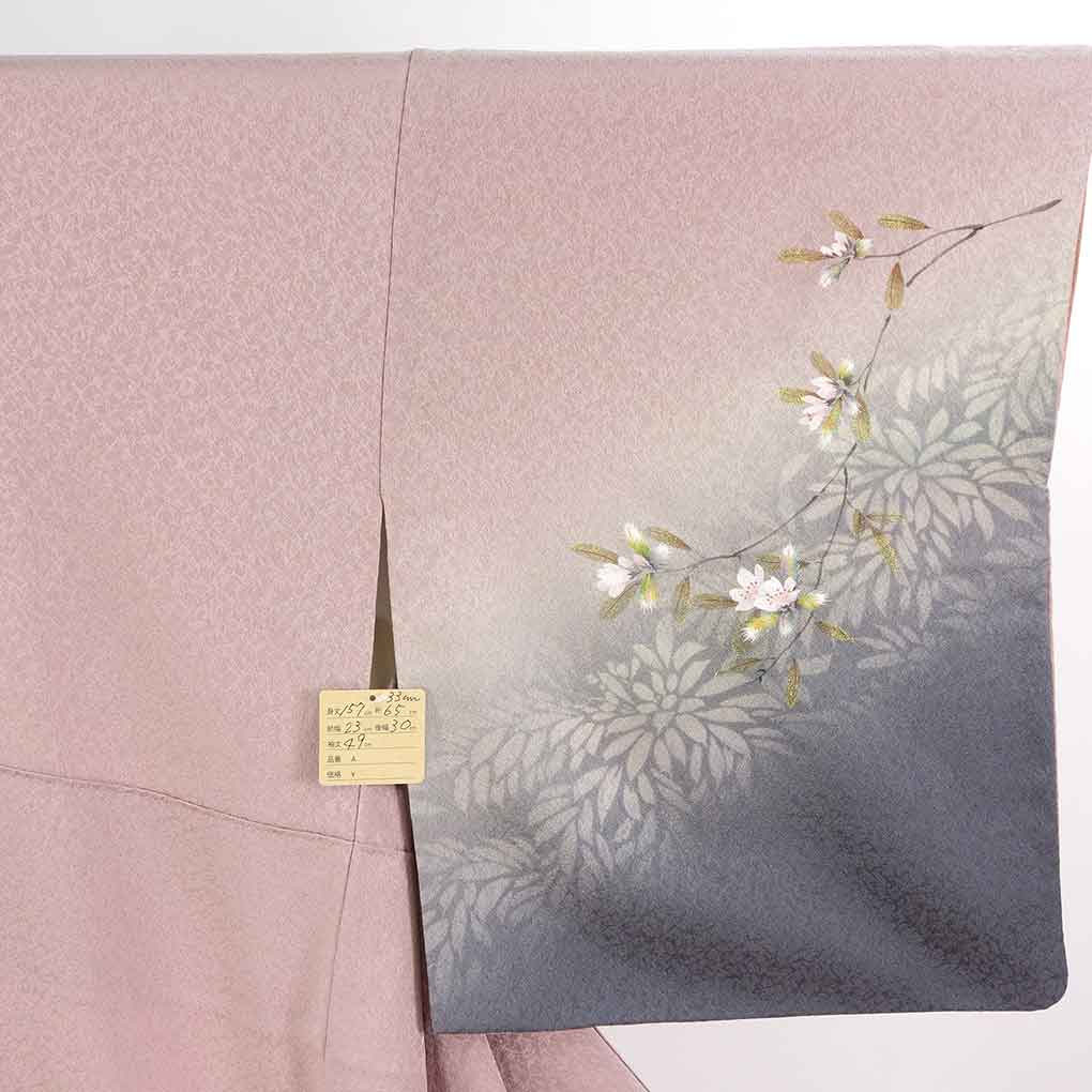 訪問着 リサイクル着物 身丈157cm 裄65cm 前幅23cm 後幅30cm 袖丈49cm 袖幅33cm レディース 袷 花柄 裄Mサイズ 秋冬春用 正絹（シルク）ピンク やや難 作家もの リメイク リユース【ランクB】