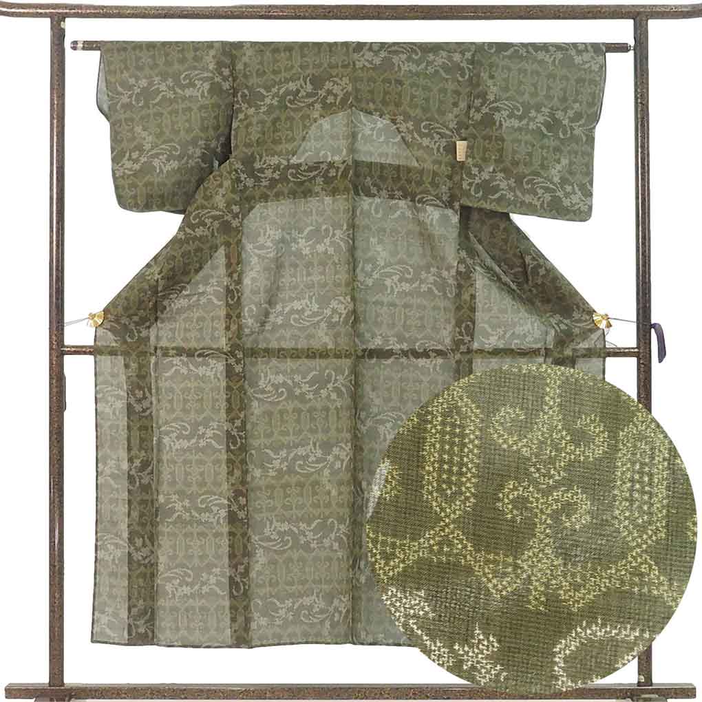 紬 リサイクル着物 身丈153cm 裄61cm 前幅24cm 後幅30cm 袖丈47cm 袖幅31cm レディース 抽象柄 裄Sサイズ 夏用 正絹（シルク）グリーン 未使用品 リメイク リユース【ランクS】