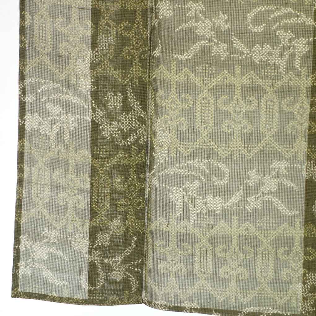 紬 リサイクル着物 身丈153cm 裄61cm 前幅24cm 後幅30cm 袖丈47cm 袖幅31cm レディース 抽象柄 裄Sサイズ 夏用 正絹（シルク）グリーン 未使用品 リメイク リユース【ランクS】