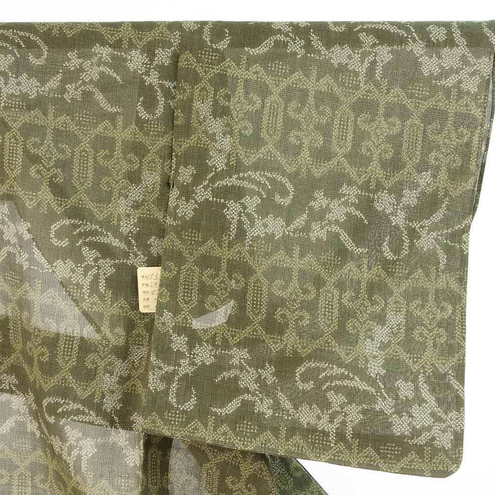 紬 リサイクル着物 身丈153cm 裄61cm 前幅24cm 後幅30cm 袖丈47cm 袖幅31cm レディース 抽象柄 裄Sサイズ 夏用 正絹（シルク）グリーン 未使用品 リメイク リユース【ランクS】