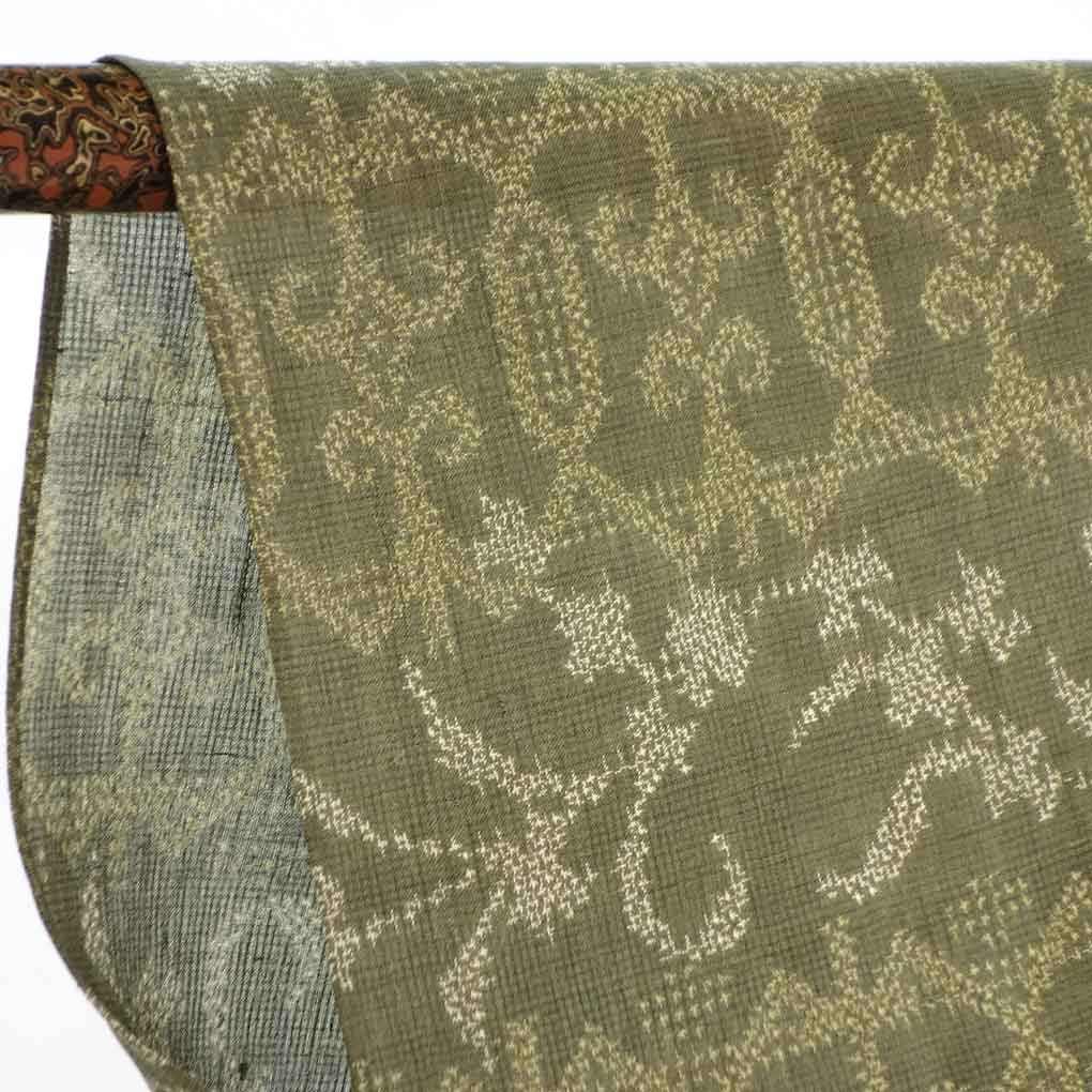 紬 リサイクル着物 身丈153cm 裄61cm 前幅24cm 後幅30cm 袖丈47cm 袖幅31cm レディース 抽象柄 裄Sサイズ 夏用 正絹（シルク）グリーン 未使用品 リメイク リユース【ランクS】