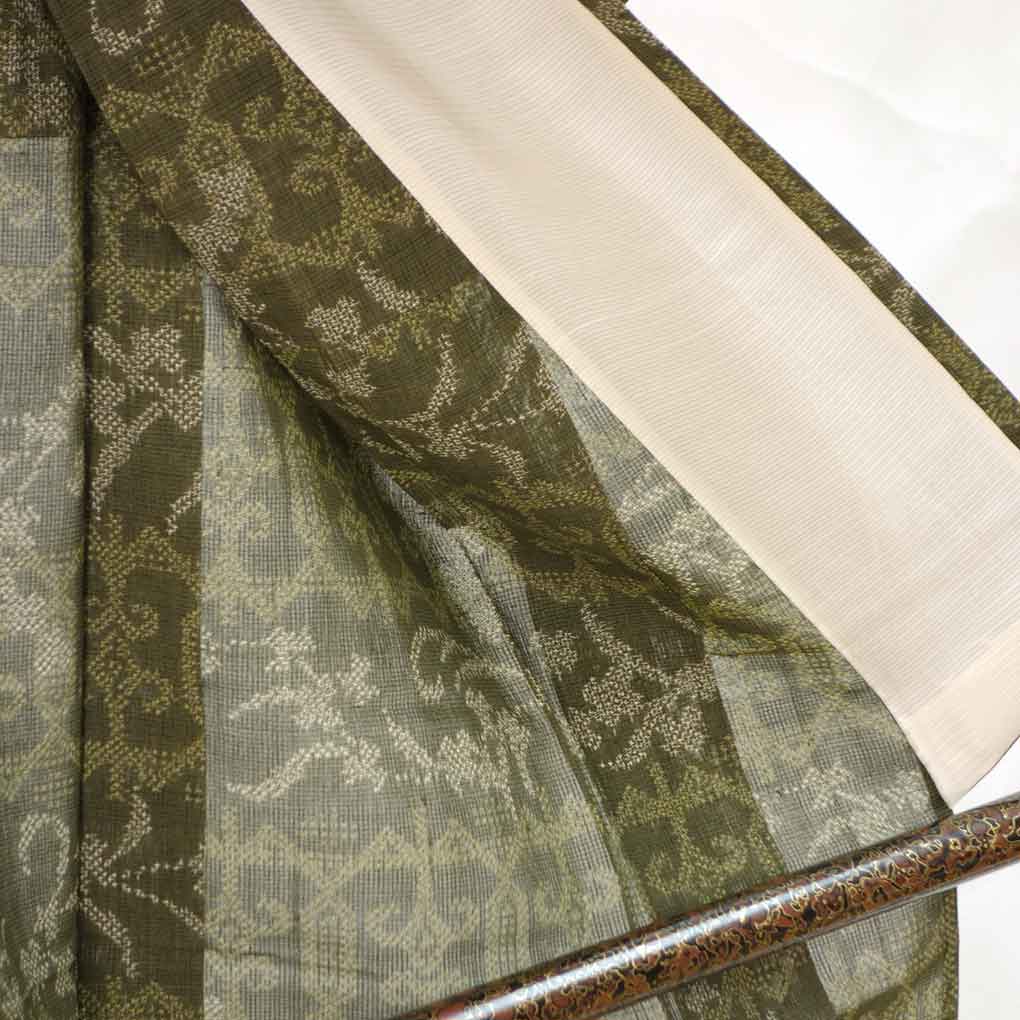 紬 リサイクル着物 身丈153cm 裄61cm 前幅24cm 後幅30cm 袖丈47cm 袖幅31cm レディース 抽象柄 裄Sサイズ 夏用 正絹（シルク）グリーン 未使用品 リメイク リユース【ランクS】
