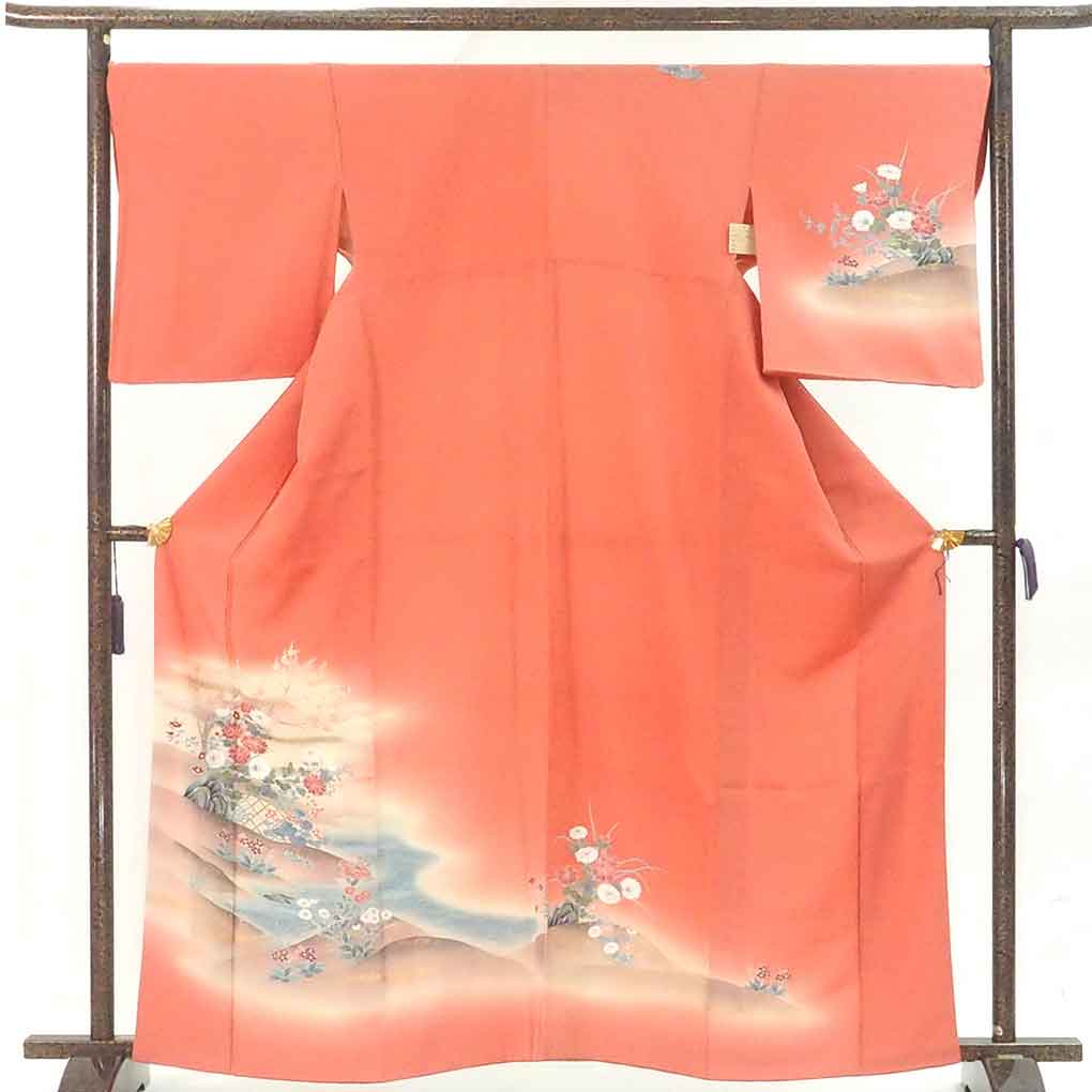 訪問着 リサイクル着物 身丈165cm 裄69cm 前幅24.5cm 後幅30cm 袖丈52cm 袖幅35cm レディース 袷 花柄 裄長 裄L-LLサイズ 秋冬春用 正絹（シルク）ピンク トールサイズ 美品 リメイク リユース【ランクA】