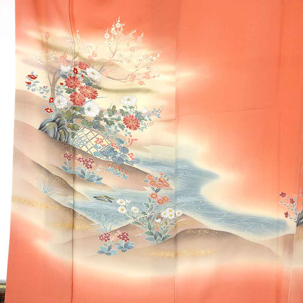 訪問着 リサイクル着物 身丈165cm 裄69cm 前幅24.5cm 後幅30cm 袖丈52cm 袖幅35cm レディース 袷 花柄 裄長 裄L-LLサイズ 秋冬春用 正絹（シルク）ピンク トールサイズ 美品 リメイク リユース【ランクA】
