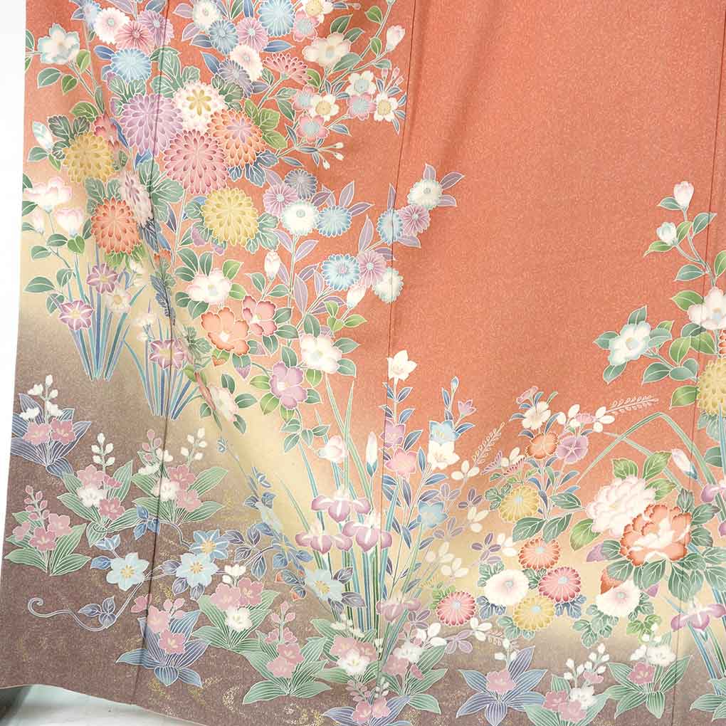 訪問着 リサイクル着物 身丈170cm 裄68cm 前幅24.5cm 後幅30.5cm 袖丈50cm 袖幅34cm レディース 袷 花柄 裄長 裄Lサイズ 秋冬春用 正絹（シルク）ピンク トールサイズ 美品 リメイク リユース【ランクA】