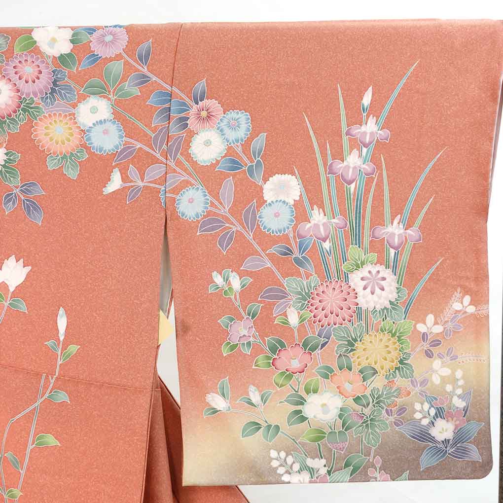 訪問着 リサイクル着物 身丈170cm 裄68cm 前幅24.5cm 後幅30.5cm 袖丈50cm 袖幅34cm レディース 袷 花柄 裄長 裄Lサイズ 秋冬春用 正絹（シルク）ピンク トールサイズ 美品 リメイク リユース【ランクA】