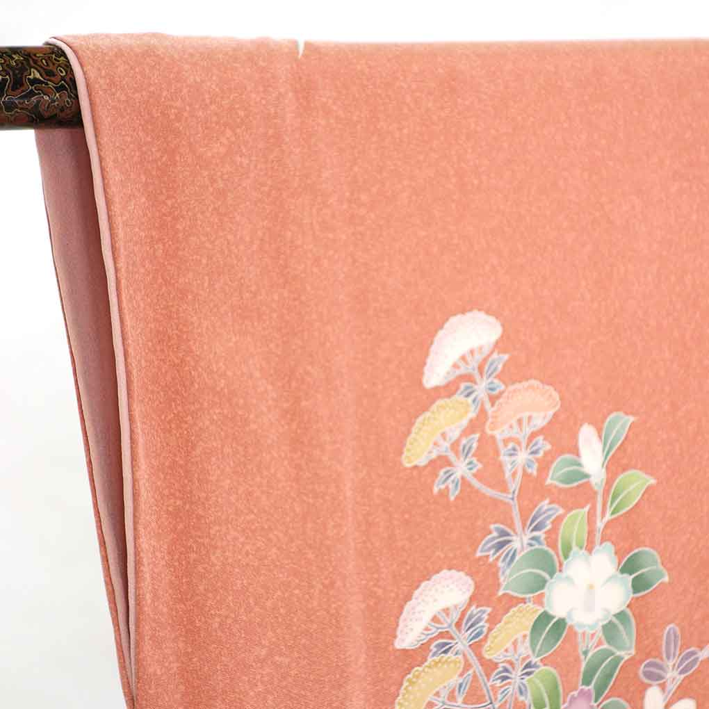 訪問着 リサイクル着物 身丈170cm 裄68cm 前幅24.5cm 後幅30.5cm 袖丈50cm 袖幅34cm レディース 袷 花柄 裄長 裄Lサイズ 秋冬春用 正絹（シルク）ピンク トールサイズ 美品 リメイク リユース【ランクA】