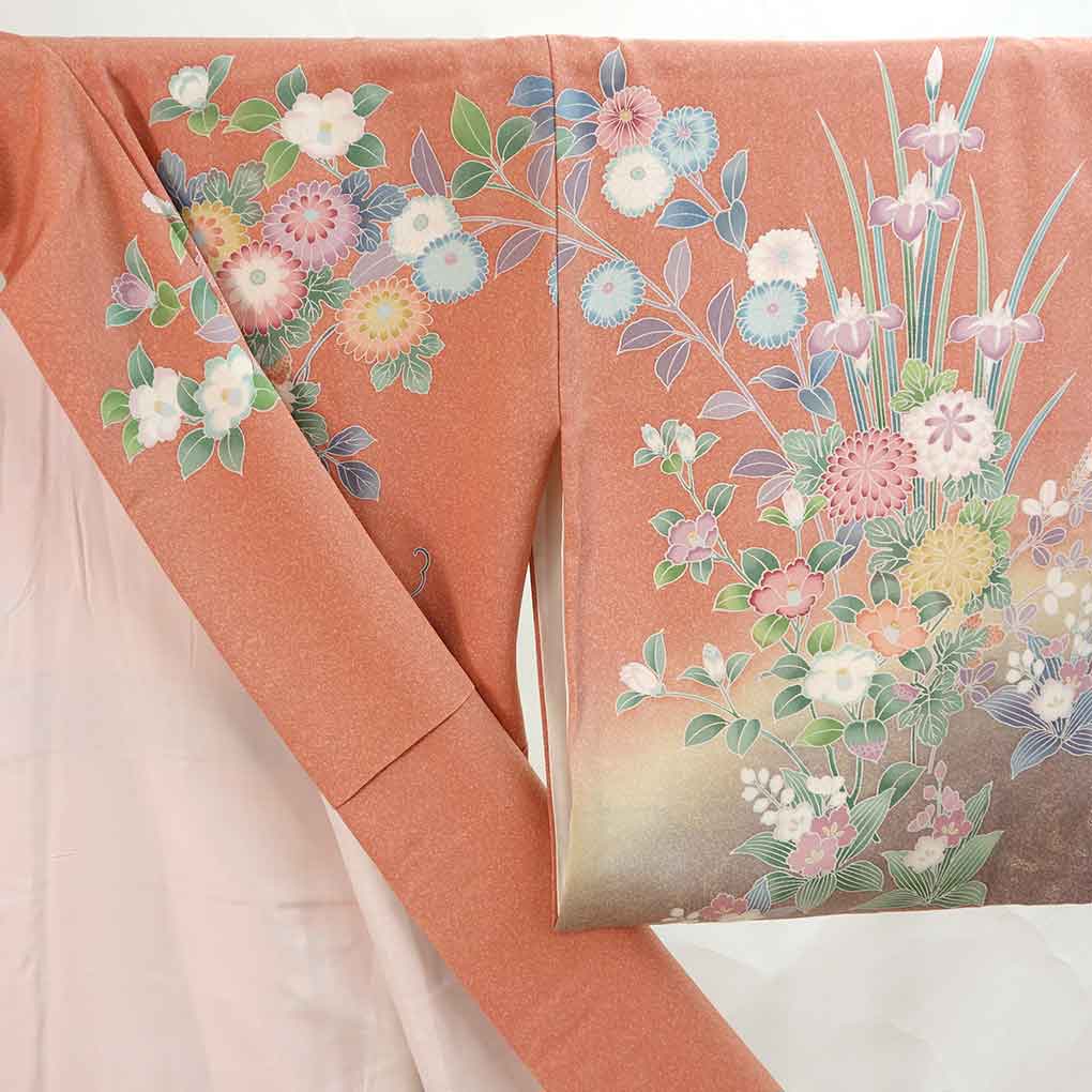 訪問着 リサイクル着物 身丈170cm 裄68cm 前幅24.5cm 後幅30.5cm 袖丈50cm 袖幅34cm レディース 袷 花柄 裄長 裄Lサイズ 秋冬春用 正絹（シルク）ピンク トールサイズ 美品 リメイク リユース【ランクA】