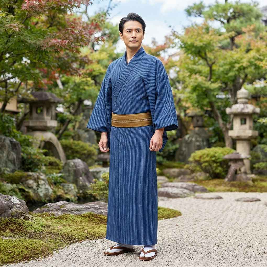 男物木綿着物 リサイクル着物 身丈130cm 裄63cm 前幅25.5cm 後幅32cm 袖丈45cm 袖幅32cm メンズ 縞 裄Mサイズ 夏用 木綿 ネイビー やや難 リメイク リユース【ランクB】