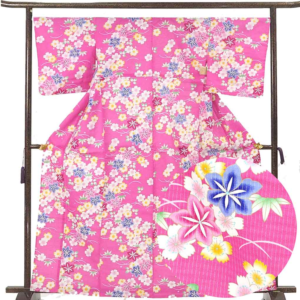 浴衣 リサイクル着物 身丈164cm 裄68cm 前幅24.5cm 後幅31cm 袖丈49cm 袖幅34cm レディース 桜 裄長 裄Lサイズ 夏用 木綿 ピンク トールサイズ 未使用品 リメイク リユース【ランクS】
