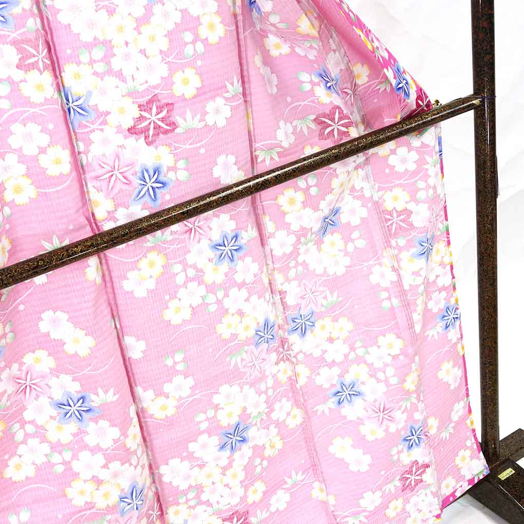 浴衣 リサイクル着物 身丈164cm 裄68cm 前幅24.5cm 後幅31cm 袖丈49cm 袖幅34cm レディース 桜 裄長 裄Lサイズ 夏用 木綿 ピンク トールサイズ 未使用品 リメイク リユース【ランクS】