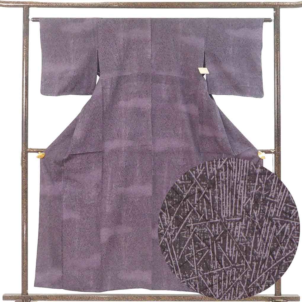 小紋 リサイクル着物 身丈159cm 裄63cm 前幅23cm 後幅30.5cm 袖丈47cm 袖幅32cm レディース 単衣 連続模様 裄Mサイズ 初夏・初秋用 正絹（シルク）パープル 未使用品 リメイク リユース【ランクS】