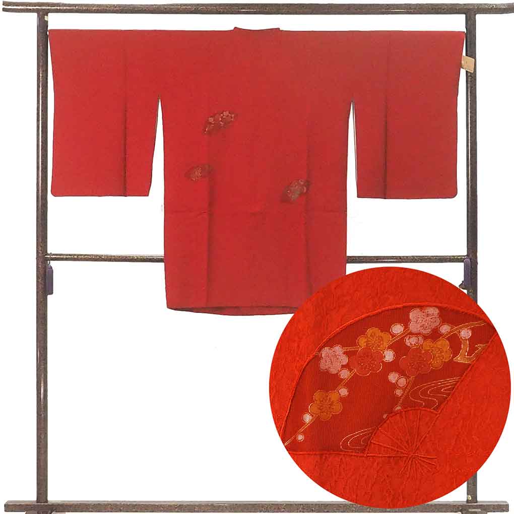 コート リサイクル着物 コート丈91cm 裄68cm 袖丈55cm 袖幅34.5cm レディース 袷 扇面 裄長 裄Lサイズ 秋冬春用 正絹（シルク）レッド 美品 リメイク リユース【ランクA】