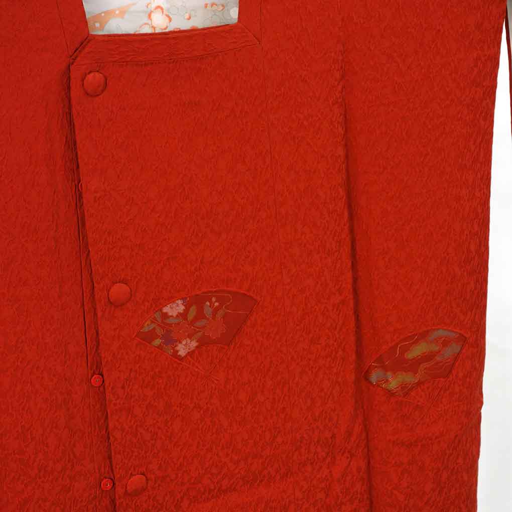 コート リサイクル着物 コート丈91cm 裄68cm 袖丈55cm 袖幅34.5cm レディース 袷 扇面 裄長 裄Lサイズ 秋冬春用 正絹（シルク）レッド 美品 リメイク リユース【ランクA】