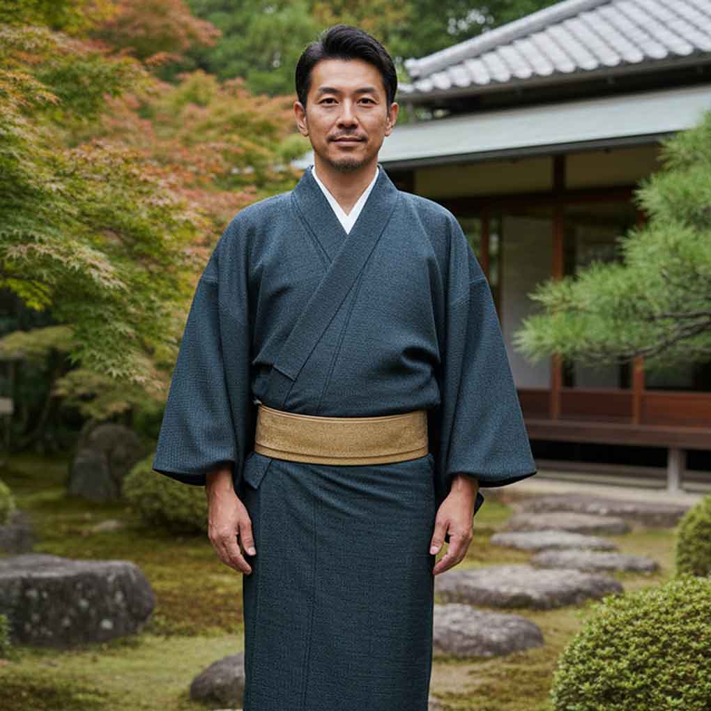 男物着物 リサイクル着物 身丈147cm 裄69cm 前幅26cm 後幅32cm 袖丈51cm 袖幅35cm メンズ 袷 絣模様 裄長 裄L-LLサイズ 秋冬春用 正絹（シルク）ネイビー トールサイズ 未使用品 リメイク リユース【ランクS】