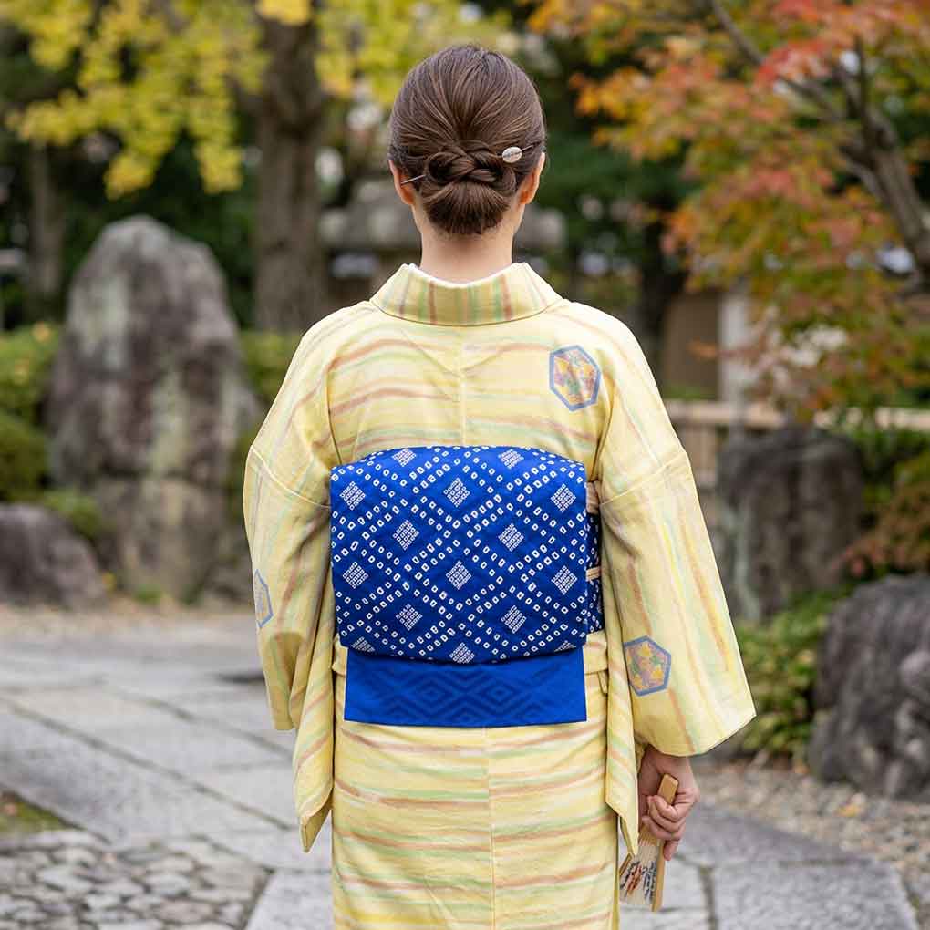 名古屋帯 リサイクル帯 幅30cm 長さ355cm レディース 絞り 秋冬春用 正絹(シルク)ネイビー 美品 リメイク リユース【ランクA】