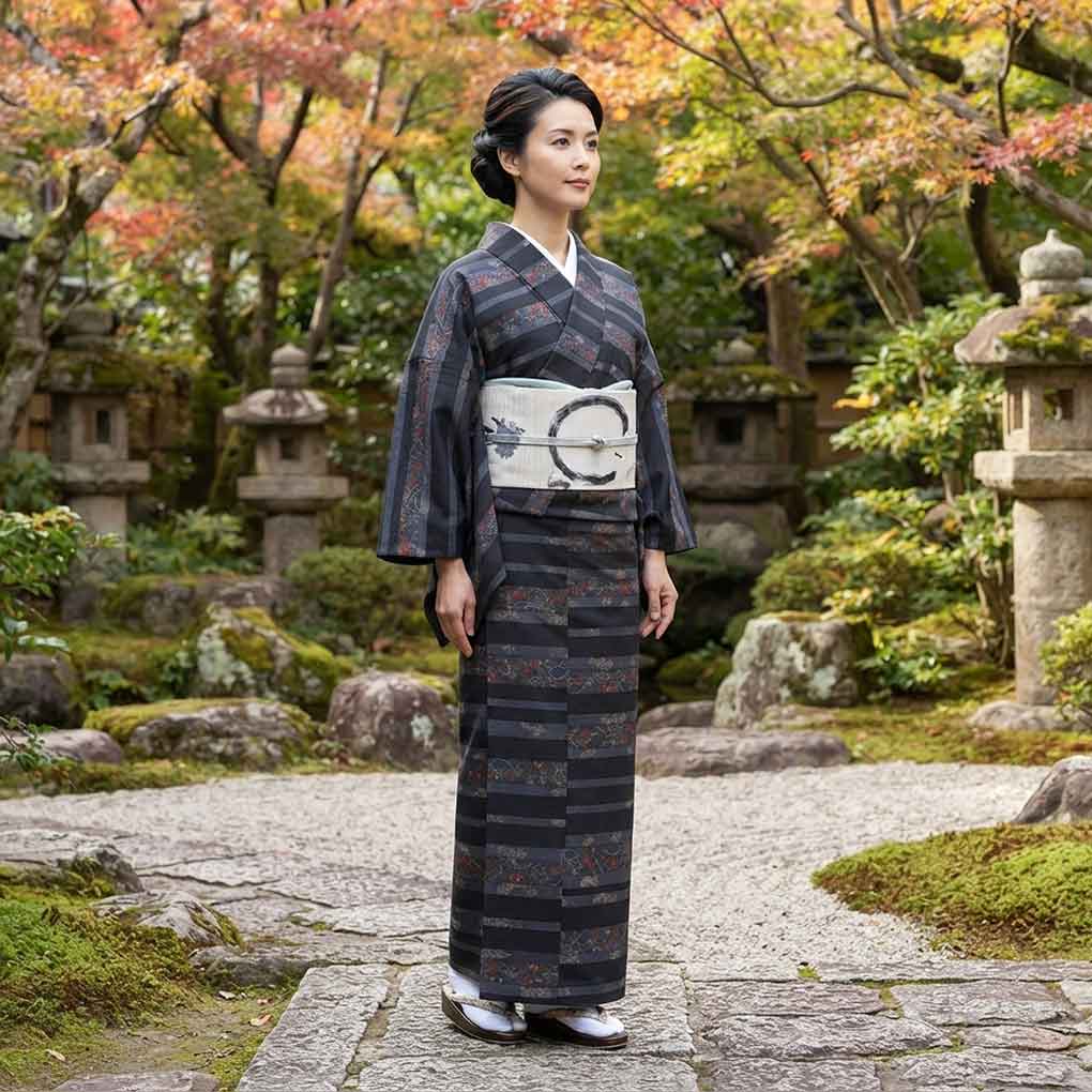 紬 リサイクル着物 身丈163cm 裄62cm 前幅25cm 後幅29cm 袖丈53cm 袖幅32cm レディース 袷 横段柄 裄Sサイズ 秋冬春用 正絹（シルク）ブラック 未使用品 大島紬 リメイク リユース【ランクS】