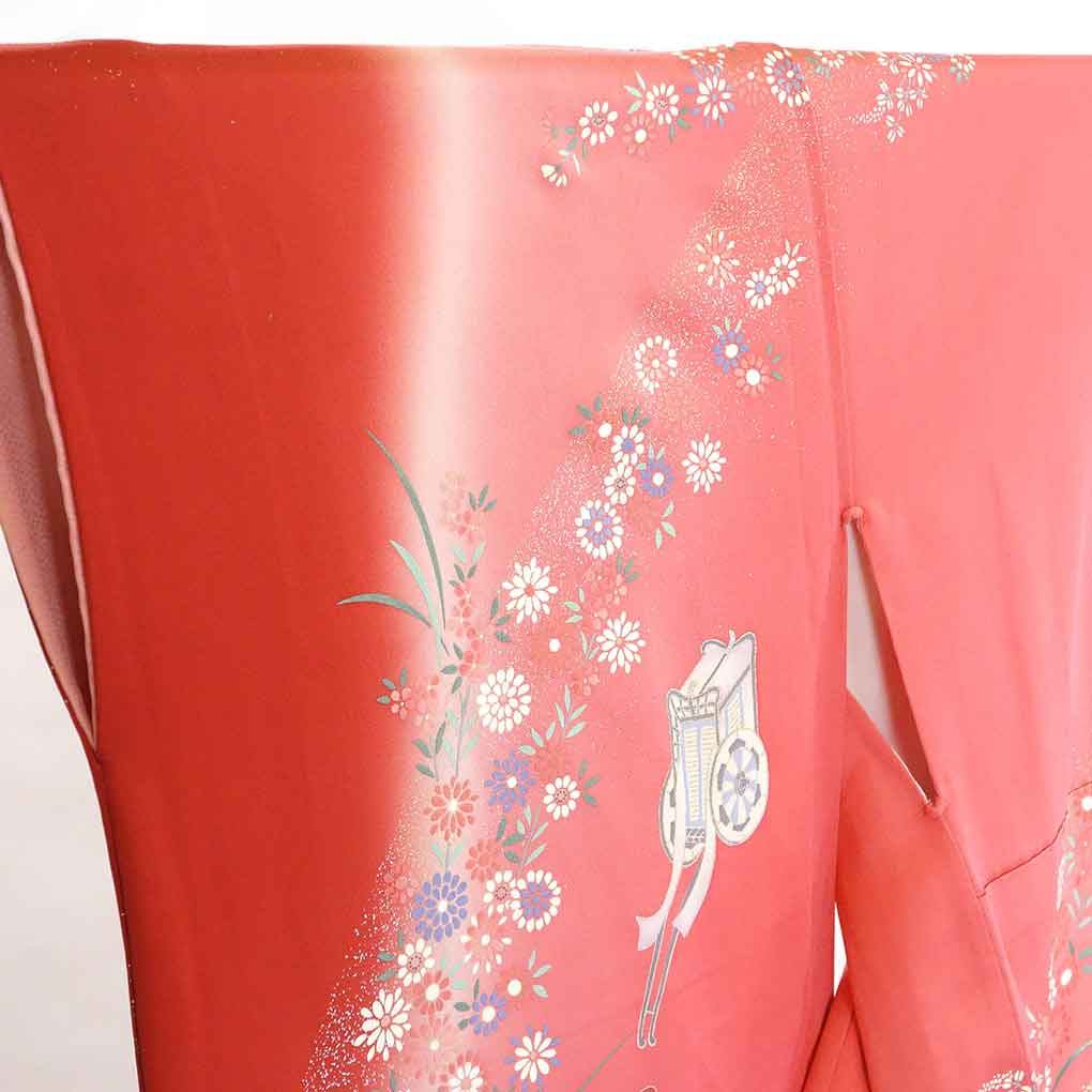 リサイクル 振袖 着物 身丈172cm 裄66cm 前幅23cm 後幅30.5cm 袖丈104cm 袖幅35cm レディース 袷 御所車 裄長 裄M-Lサイズ 秋冬春用 正絹（シルク）赤地 トールサイズ 美品 リサイクル リメイク リユース【ランクA】