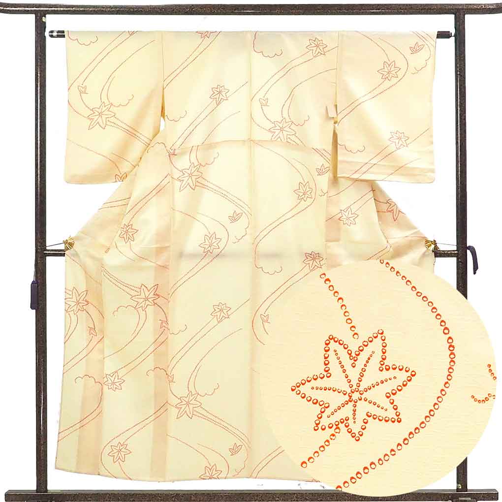 小紋 リサイクル着物 身丈155cm 裄62cm 前幅22.5cm 後幅30cm 袖丈53cm 袖幅32.5cm レディース 単衣 紅葉 裄Sサイズ 初夏・初秋用 正絹（シルク）イエロー 美品 リメイク リユース【ランクA】