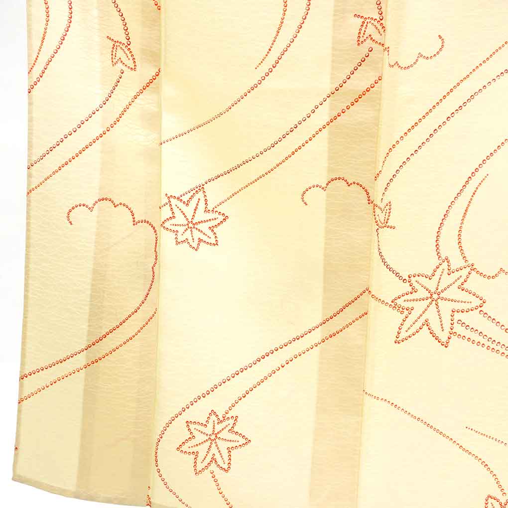 小紋 リサイクル着物 身丈155cm 裄62cm 前幅22.5cm 後幅30cm 袖丈53cm 袖幅32.5cm レディース 単衣 紅葉 裄Sサイズ 初夏・初秋用 正絹（シルク）イエロー 美品 リメイク リユース【ランクA】