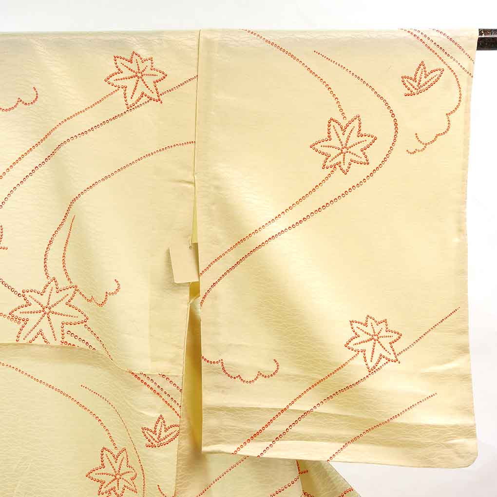 小紋 リサイクル着物 身丈155cm 裄62cm 前幅22.5cm 後幅30cm 袖丈53cm 袖幅32.5cm レディース 単衣 紅葉 裄Sサイズ 初夏・初秋用 正絹（シルク）イエロー 美品 リメイク リユース【ランクA】