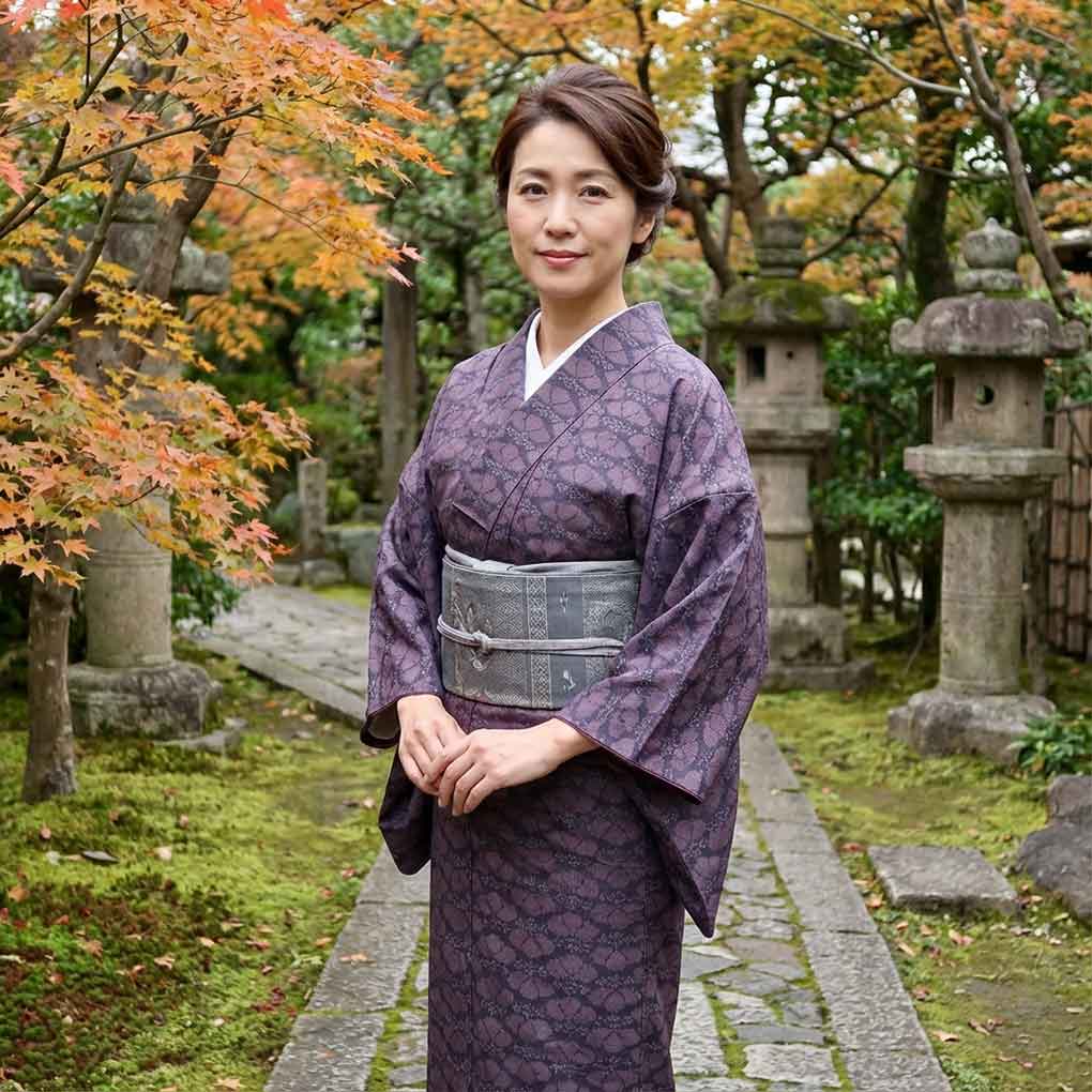 紬 リサイクル着物 身丈155cm 裄64cm 前幅28cm 後幅31.5cm 袖丈45cm 袖幅32cm レディース 袷 五三の桐 裄Mサイズ 秋冬春用 正絹（シルク）パープル 美品 リメイク リユース【ランクA】