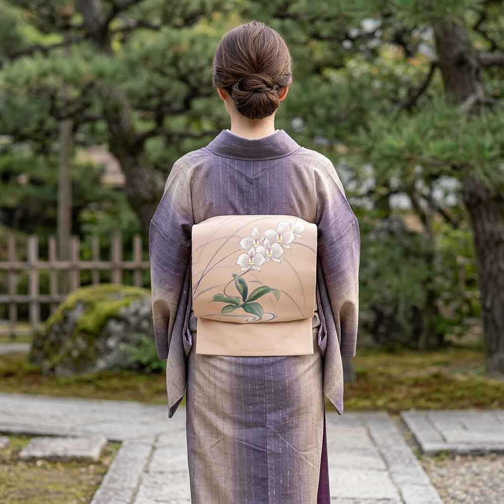 名古屋帯 リサイクル帯 幅31cm 長さ350cm レディース 花柄 秋冬春用 正絹（シルク）ブラウン やや難 リメイク リユース【ランクB】