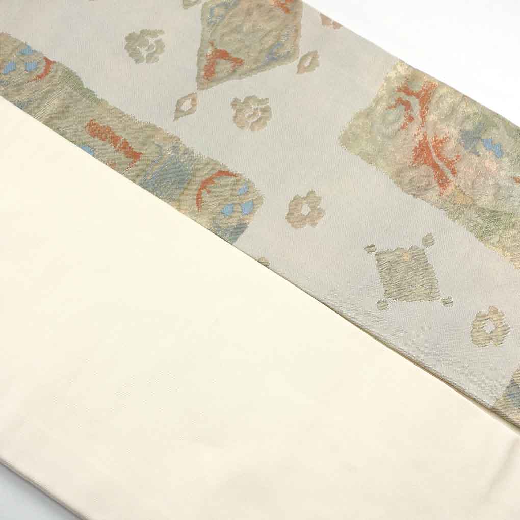名古屋帯 リサイクル帯 幅31cm 長さ365cm レディース 抽象柄 秋冬春用 正絹（シルク）グレー やや難 リメイク リユース【ランクB】