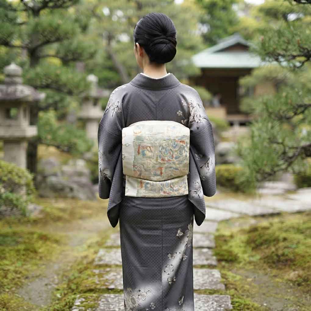 名古屋帯 リサイクル帯 幅31cm 長さ365cm レディース 抽象柄 秋冬春用 正絹（シルク）グレー やや難 リメイク リユース【ランクB】