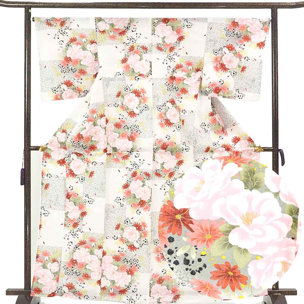 浴衣 リサイクル着物 身丈166cm 裄67cm 前幅24.5cm 後幅29cm 袖丈49cm 袖幅34cm レディース 花柄 裄長 裄Lサイズ 夏用 木綿 ホワイト トールサイズ 未使用品 リメイク リユース【ランクS】